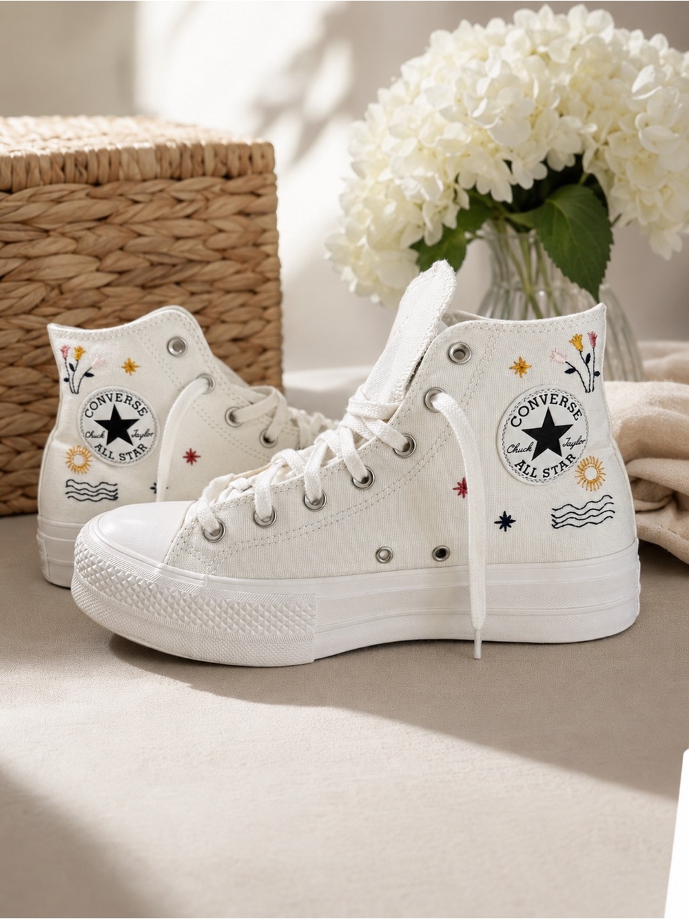 Converse White High-Top Sneakers with Multicolor Embroidered Motifs